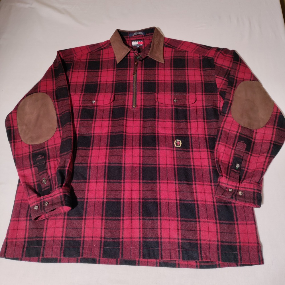 Tommy Hilfiger Plaid Wool Blend Quarter Zip Shirt Mens L Suede Elbow, Collar